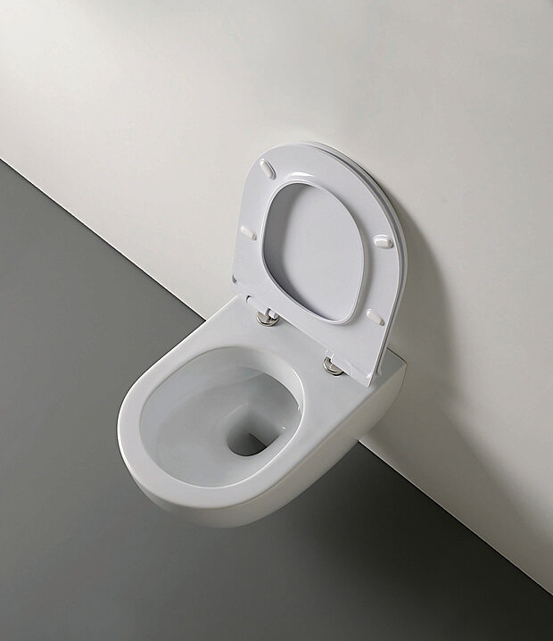 Blick von oben auf eine weiße Wandtoilette mit geöffnetem Deckel.