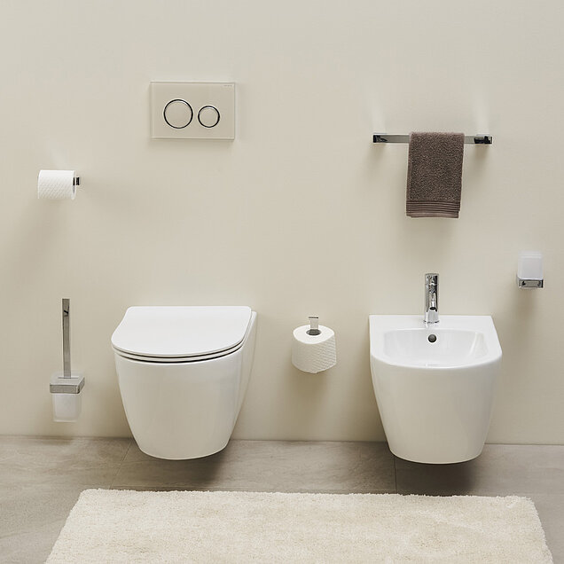 Badezimmer mit einer wandmontierten Toilette und einem Bidet, Toilettenpapierhaltern, einem Handtuchhalter mit einem braunen Handtuch.